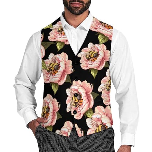 Bees Flowers Men's Suit Vests Dress Vest V-Neck Waistcoat Slim Business Formal with Pocket