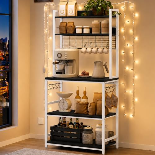 Image of 5-Tier Kitchen Organizer Rack-Multipurpose Microwave Stand for Kitchen Platform & OTG Oven-Steel Utensils Storage Shelf with Hooks - Engineered Wood & Metal Rack for Home- 80x40x170 cm -White /Black