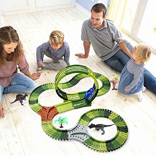 image for MOFIR Dinosaur Toys Race Tracks for Kids, 360° Route Race Car Flexibl