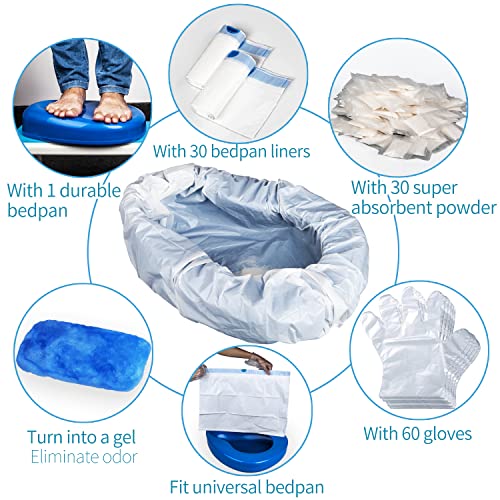Bedpan Set With 30 Absorbent Pads Gel And 30 Disposable Liners, Bed Pan For Elderly Females Women, Bedpan With Liners And Liquid Waste Poo Powder For Men Male #TOP2