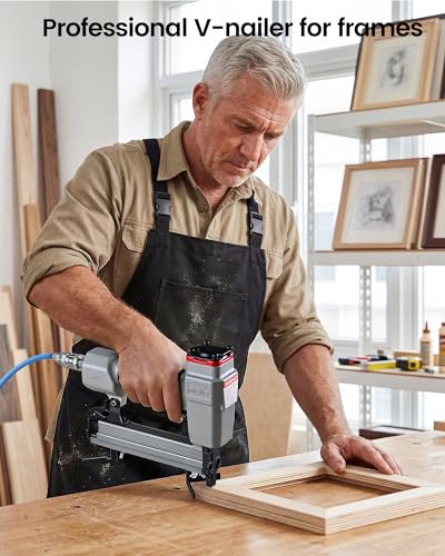 Image of meite V1015B V-Nailer Picture Frame Joiner Kit, Pneumatic V Nail Gun with 4,000 Pcs 10 mm V Nails, Fits 9 /32 inch to 19 /32 inch (7 to 15 mm), for DIY Finish Woodworking Picture Framing