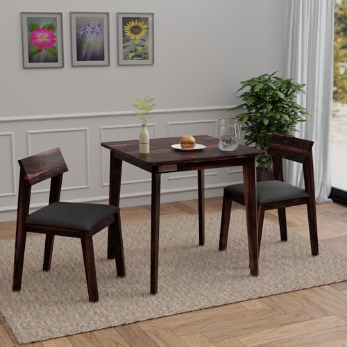 Image of DRIFTINGWOOD Liana 2-Seater Sheesham Wood Dining Table Set � in Walnut Finish with Table & 2 Cushioned Chairs � Ideal for Small Kitchens & Compact Living Spaces � Assembly Required (Gray)