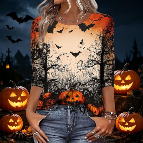 Image of Women Spooky Halloween Graphic Shirt 3 /4 Length Sleeve Crewneck Top | Halloween Funny Printed Pumpkin Plus Size Tshirts 2026 Fall Outfits Skeleton Tee Going Out Tops