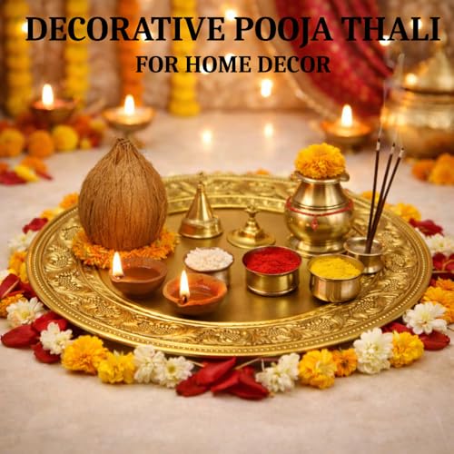 Image of Luxury Round Gold Decorative Plate | Pooja Thali, Gift Hamper Base, Charger Plate & Decorative Platter for Home Decor, Wedding & Festive Gifting