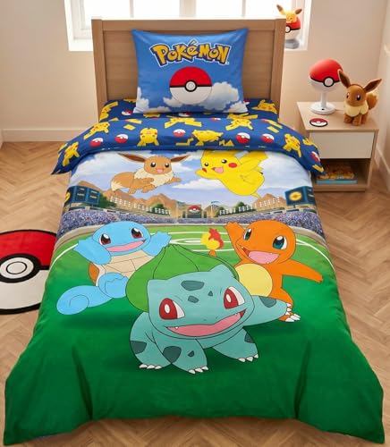 Pokémon, Parure de Lit Enfant Gamer pour Lit 1 Place, Motif Pikachu Battle Stadium, Ensemble 2 pièces Housse de Couette Réversible 140x200 cm et Taie...