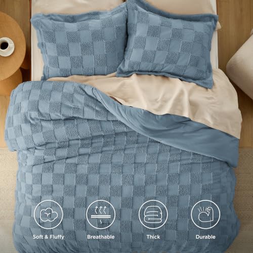 Image of Bedsure Mineral Blue Queen Size Comforter Set, Boho Tufted Bed Set, Checkered Farmhouse-Style Distressed Vintage Bedding, 3 Pieces, 1 Plaid Geometric Comforter and 2 Pillow Shams