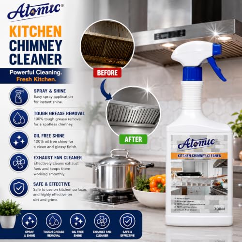 Image of Atomic Kitchen Chimney Cleaner | Powerful Grease & Oil Remover Spray | Deep Cleaner for Chimney, Filters, Exhaust Fan & Kitchen Surfaces | Easy Spray & Wipe Formula