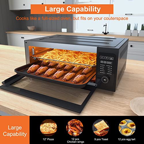 Air Fryer Toaster Oven Combo - Fabuletta 10-in-1 Countertop Convection Oven 1800W, Flip Up & Away Capability for Storage Space, Oil-Less Fit 12" Pizza, 9 Slices Toast, 5 Accessories (Black)