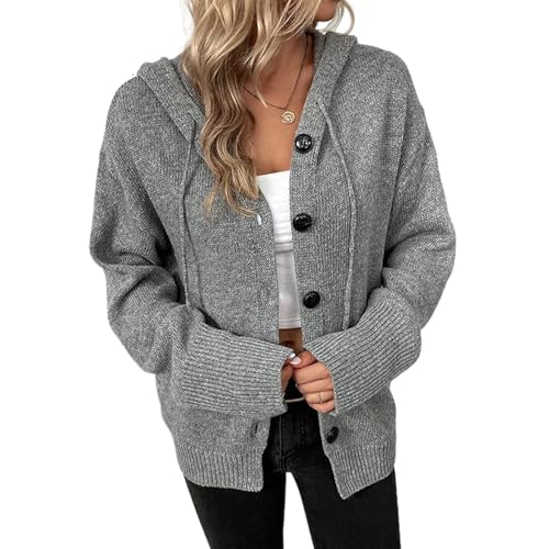 Image of Blostirno Women's Casual Hooded Cardigan Sweaters V Neck Button Down Long Sleeve Kint Cardigans Coat