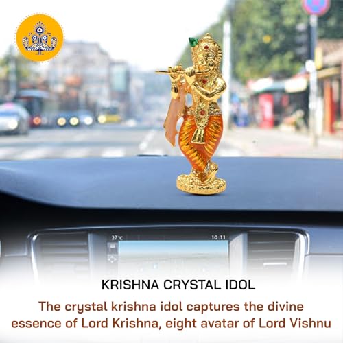 Estatua pequeña de Krishna de bronce con cristal y flauta miniatura 3