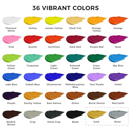 ARTFLY Acrylic Paint Set, 36 Colors in 2oz/60ml Bottles with 12 Paint Brushes, Non-Toxic, Waterproof, Rich Pigments for Artists, Students, Beginners on Rocks, Canvas, Wood, Fabric, Ceramic