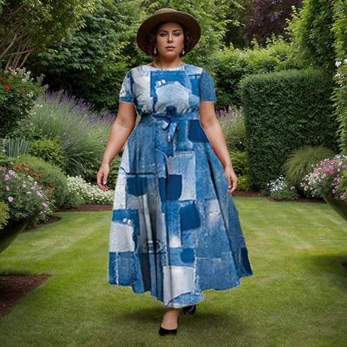 Image of Hostoyo Women Plus Size Formal A Line Maxi Dress Self Tie Waist with Pockets Elegant Round Neck Swing Long Dresses