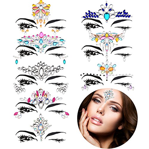 TOODOO 8 Sets Mermaid Face Gems Glitter Sticker Rhinestone Bindis Crystal Face Tattoo Forehead Decorations for Women Favors (Delicate Pattern)