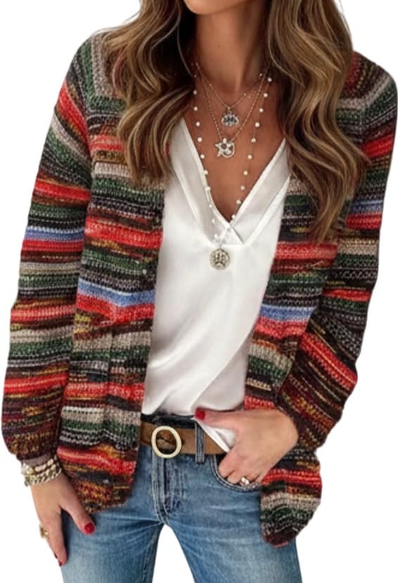 Womens Rainbow Striped Color Block Cardigan Long Sleeve V-Neck Knitted Open Front Sweater Outerwear for Women