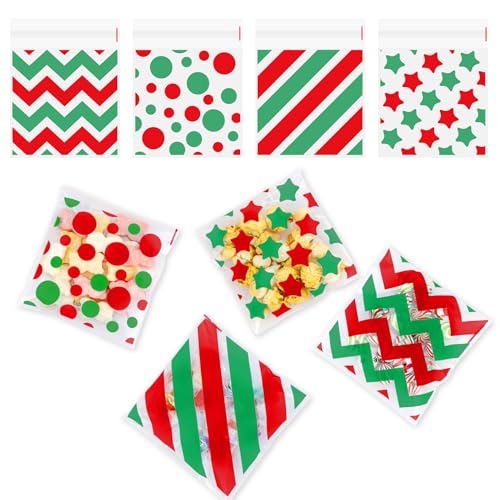 Red Green Cellophane Treat Bags, 100 Pcs Cookie Bags with Seal, Plastic Polka Dot Stripes Self Sealing Candy Gift Goodie Snack Bag for Birthday Christmas Holiday Party Favor Supplies, 3.9 X 4.7 IN
