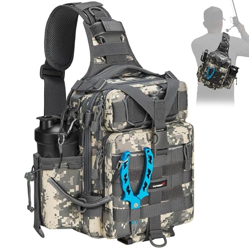 Piscifun Fishing Tackle Bag with Rod & Gear Holder, Lightweight Sling Bag Storge Gear and Equipment, Camouflage