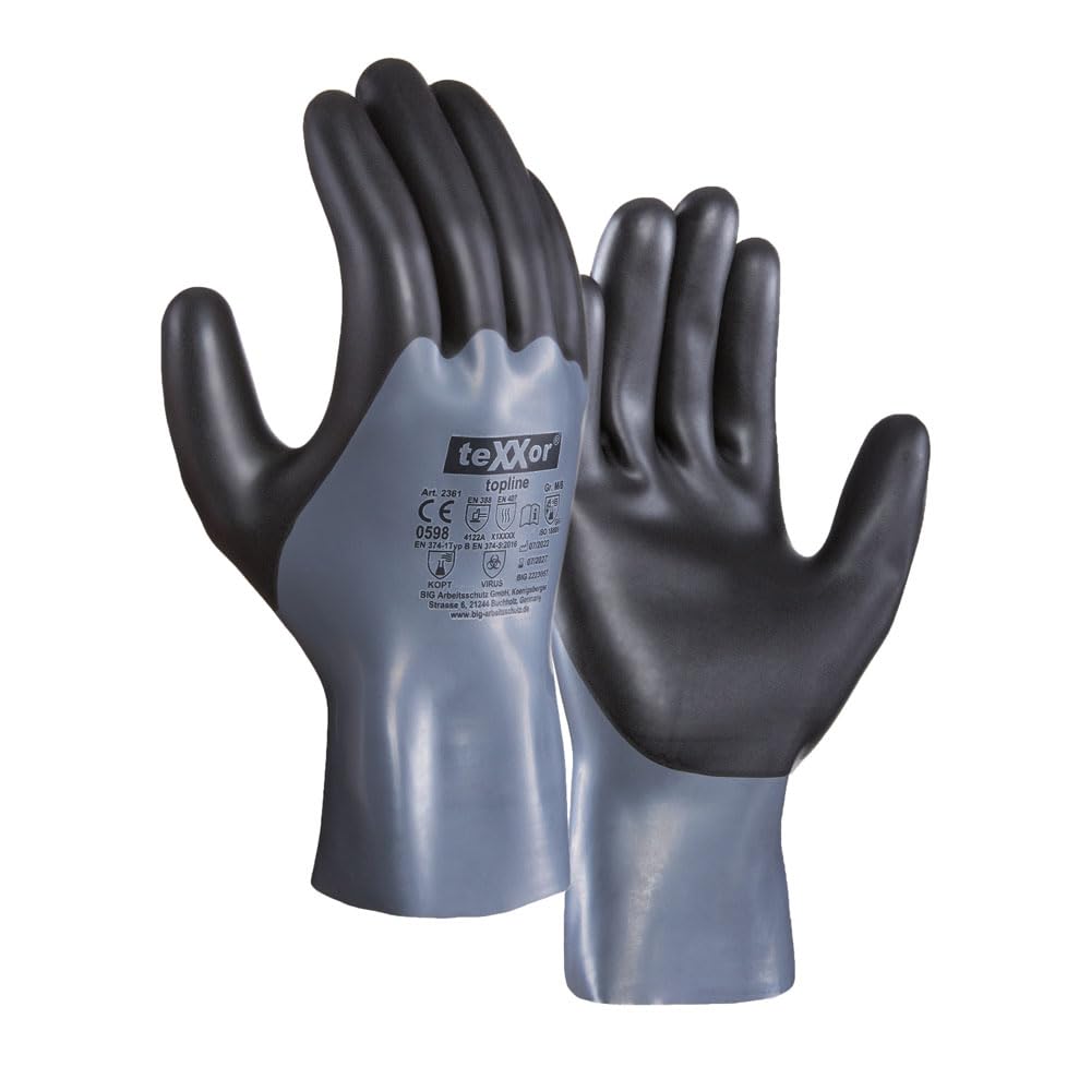 texxor 120 Stück Chemikalienschutz-Handschuhe 2361, Nitril, grau-schwarz, 8/M, Karton, Chemikalienhandschuhe, Nitrilhandschuhe, Schutzhandschuhe