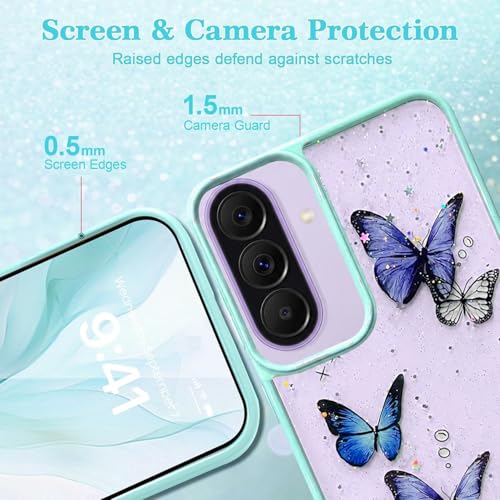 Image of VONZEE for Samsung Galaxy A37 Clear Glitter Butterfly Case, Cute Bling Sparkle Shiny Soft Silicone TPU Bumper Shockproof Women Girls Slim Protective Phone Cover for Samsung Galaxy A37, Mint
