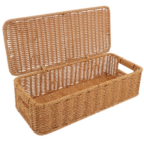FRCOLOR Organizador de Escritorio Tejido Tapa, Caja Decorativa Estrecha para Almacenamiento en Oficina y Hogar, Cesta de Ratán Sintético Color Marrón Claro