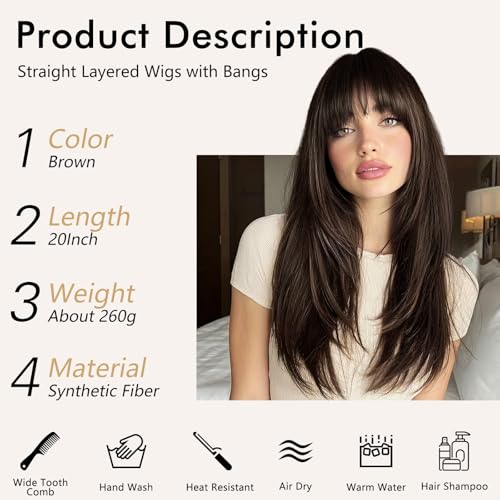 NOSTALGIA Brown Wigs with Bangs Layered Wavy Replacement Hair for Women - image 6