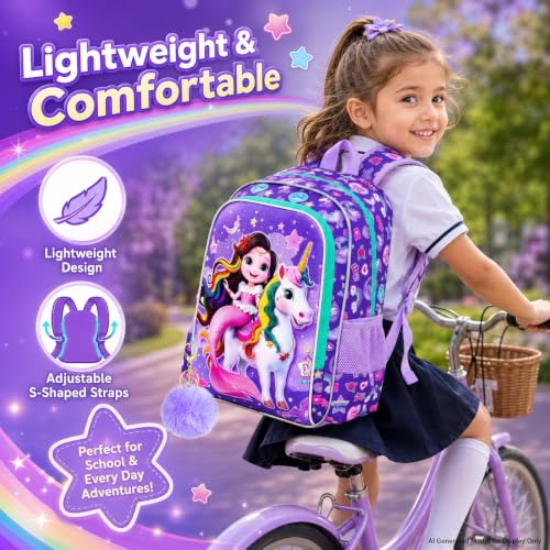 Image of 16 inch Mermaid Backpack for Girls, 3Pcs Unicorn Kids Bookbag with Lunch Box,School Backpacks for Elementary Preschool Kindergarten (Purple)