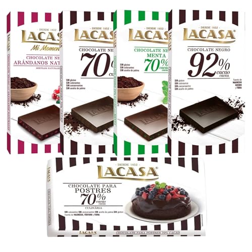 Pack Lacasa 5 deliciosas tabletas de chocolate de distintos sabores y tamaños: arandanos ,negro , menta ,cacao 92% ,culinaria200g