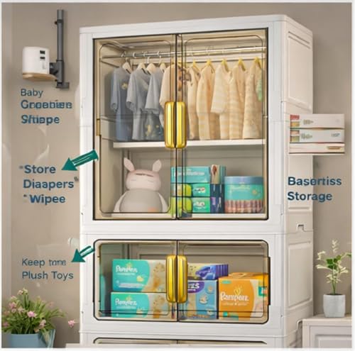 Image of Plastic Wardrobe for Cloths | 3 Layer Stackable Almirah with Hanging Rod, Transparent Doors, Wheels | Foldable Storage Cabinet Organizer for Clothes /Books /Toys (Double -White, 3-Door)