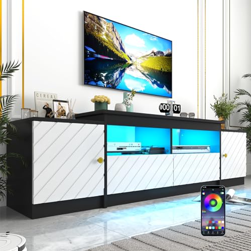 jiteentarou 2024 New LED TV Stand w/60000-color light,2 Drawer&Door for 55 60 65 70 75inch TV.White&Black Modern LED Entertainment Center w/Adjustable Storage Shelves for living Room Bedroom farmhouse