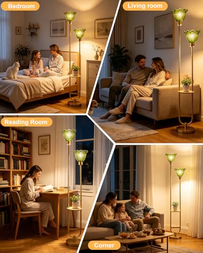 Image of Lightdot 2-Lights Modern Glass Floor Lamp with Table Gold Standing Tall Lamps with Green Floral Glass Shade,LED Floor Lamp with Foot Switch for Living Room Bedroom Home Decor (3000K Bulbs Included)