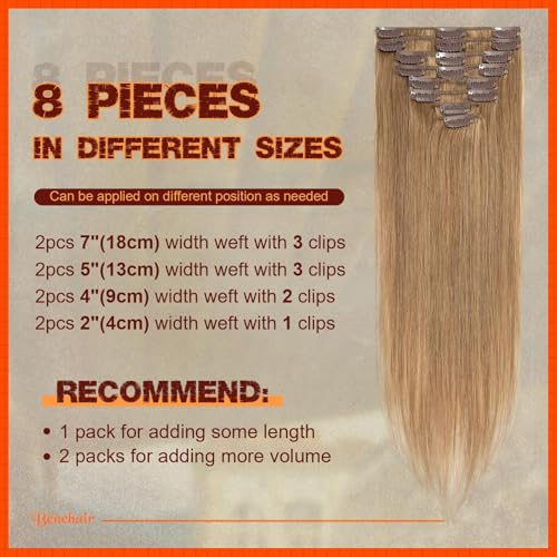 Image of Benehair Clip in Hair Extensions Real Human Hair for Women Blonde Hair Extensions 20inch Clip in Human Hair Long Straight Remy Natural Full Head 8pcs Real Hair Extensions for Women #27 Dark Blonde