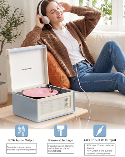 Image of Vintage Standing Blue Vinyl Record Player with Detachable Legs, Built-in 4 Speakers, USB to PC Encoding, 33 /45 /78 RPM LP Player Bluetooth Retro Turntables Support Headphone Jack, RCA Out, AUX in