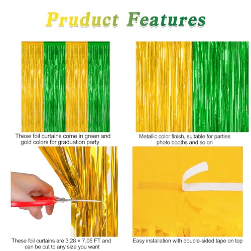 Image of ZATAYE 2 Pack Green Gold Christmas St Patricks Foil Curtain Decorations | Green Gold, Metallic Foil, 3.28 x 7.05 FT, Tinsel Backdrop, Foil Curtain Streamer, Christmas St Patricks Party