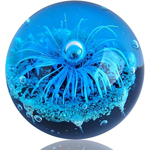 EUSTUMA Hand Blown Glass Blue Flower Sphere Figurine,Paperweight Glass Ball,Sea Plant Ornament for Fish Tank Aquarium,Sea Plant Collection for Birthday Gift,Glass Paperweight Cover