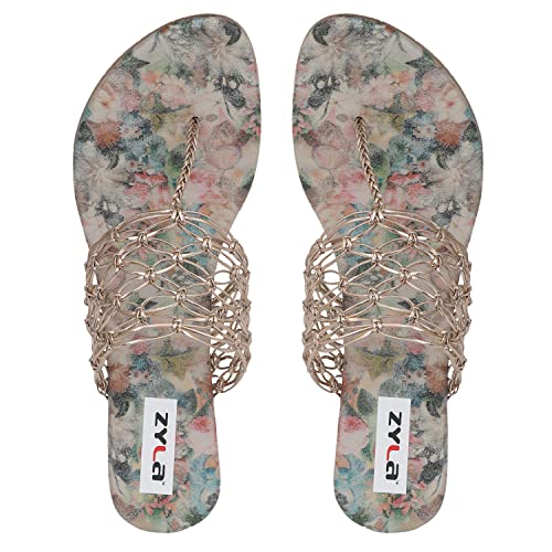 Image of Zyla Women Rose Gold Woven Design Wedges