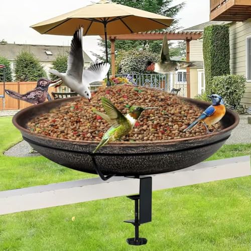 Curleis 12' Railing Bird Bath for Deck Mounted Metal Bowl with Lightweight Detachable, Bird Baths with Adjustable Sturdy Steel Clamp for Deck Railing Balcony Yard Garden Decoration