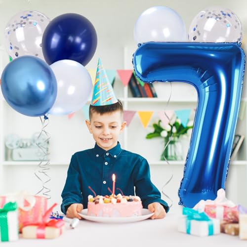 Image of 7 Balloon Number Dark Blue, Big Number 7 Mylar Balloon Pastel Navy Blue with Metallic Silver Confetti Balloon for Boys 7th Birthday, Foil 40'' Self Inflating Balloon 7 for Anniversary Party Decoration