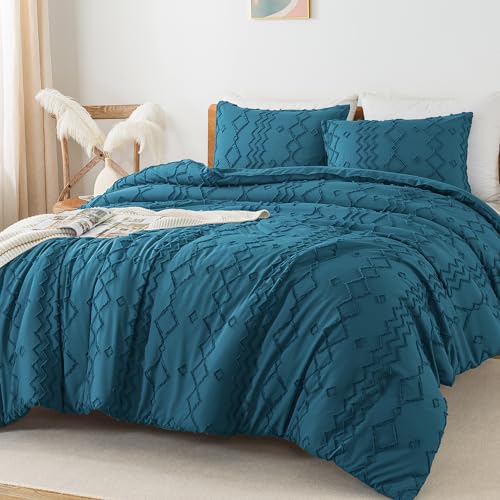 Image of Andency Teal Tufted Comforter Set King(104x90Inch), 3 Pieces(1 Boho Comforter, 2 Pillowcases) Textured Farmhouse Bed Set, Soft Down Alternative Geometric Bedding