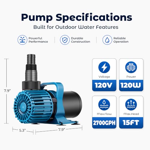 Image of TONGCHANT Pond Pump for Fish Pond Fountain & Waterfall, 2700 GPH 15FT Lift | 120W Submersible water pump, ultra quiet motor, 180 rotatable outlet, filter bag, 20FT cord, UL listed