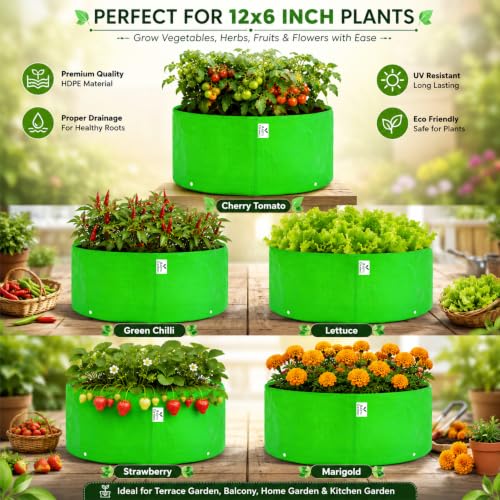 Image of Grow Bag UV Protected 260 GSM | HDPE Grow Bags for Plants | Heavy Duty Green Garden Plant Grow Bag with Drainage Holes | Reusable Vegetable Grow Bag for Terrace Gardening (10, 12X6)