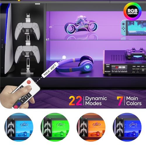Bestier 57 inch Fluted TV Stand for 65 Inch TV, Gaming Entertainment Center with Cabinet for PS5, Modern TV Console with Adjustable Glass Shelf for Living Room Bedroom, Glossy Black by Bestier - Image 4