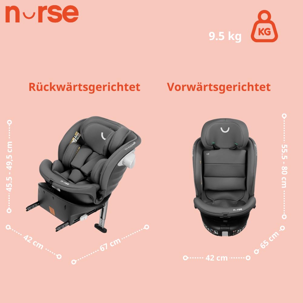 Nurse Titane Kindersitz i-Size 40–150 cm, 360° drehbar, ISOFIX mit Stützbein, Rückwärts- und Vorwärtsgerichtet, Seitenschutz, Grau