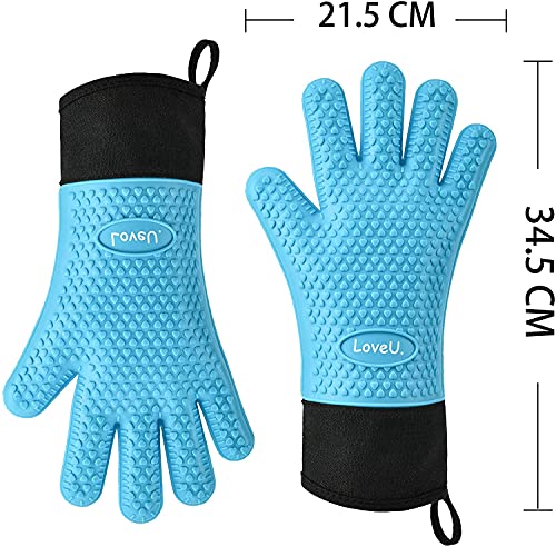 Image of Kitchen Oven Gloves - Dual-Layer Heat Resistant Grilling Gloves, Silicone Oven Mitts with 5 Fingers, Waterproof Non-Slip Pot Holder for Barbecue, Cooking, Baking (Blue, Long)