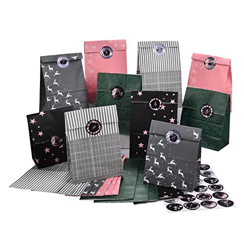 PANSIBY Adventskalender zum Befüllen, 24 Weihnachtskalender Geschenk Papiertüten Groß zum Selber Befüllen, Kraftpapiertüten Advents Tüten Selbstbefüllen mit Aufkleber für Kinder...