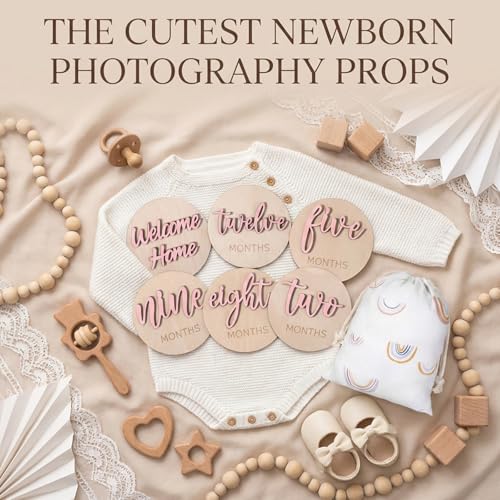Image of 7 Pack Pink Baby Months Cards Disc 3D Baby Monthly Milestone Card Signs | Milestone Wooden Circles, Double Sided, Newborn Announcement Markers, for Welcome Newborn, Boy Girl, Photo Props