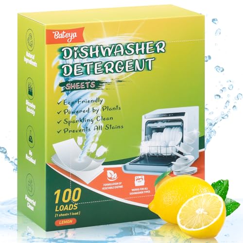 Hojas para lavavajillas, 100 unidades, biodegradables, sin plástico, pastillas de repuesto para lavavajillas, potente limpieza, aroma a limón