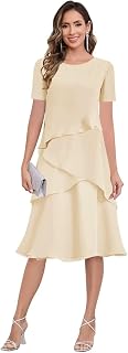 Tea Length Mother of The Bride Dresses for Women Tiered Chiffon Formal Wedding Guest Dress with Sleeves