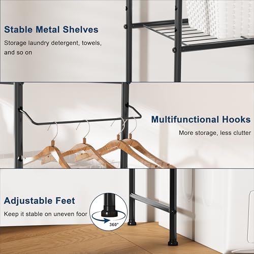 Laundry Room Storage Shelf & Organizer, 2 Tier Metal Over Washer and Dryer Shelves, Washing Machine Shelf with Hanger Rod, Expandable Bathroom Space Saver Shelf, 26–37" L x 15.8" W x 59.5" H, Black by Whitmor - Image 5