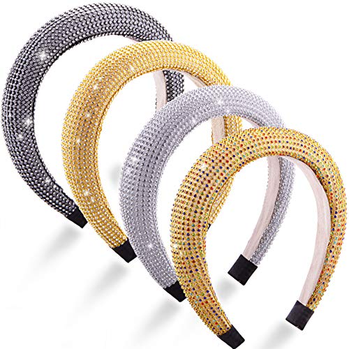 Duufin 4 Pieces Padded Headband Rhinestone Headbands Crystal Headband Pack Wide Diamond Hairband for Women Girls