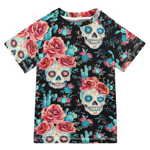 ALAZA Kids Rash Guard Girls Boys Toddler Swim Shirts Short Sleeve Skull Rose Cactus UPF 50+ 3T
