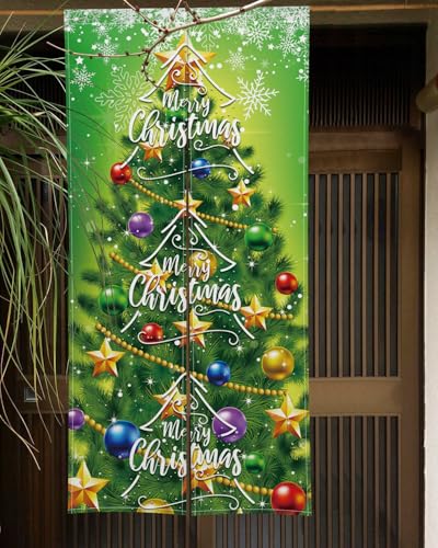 Qinunipoto 暖簾 クリスマス ツリー 雪柄 緑 シンプル風 のれん 幅72cm丈150cm インテリア 出入り口 目隠し おしゃれ すだれ 遮光 部屋 間仕切りカーテン 門カーテン ポリエステル製 オーダー可 簡単取付 四季兼用